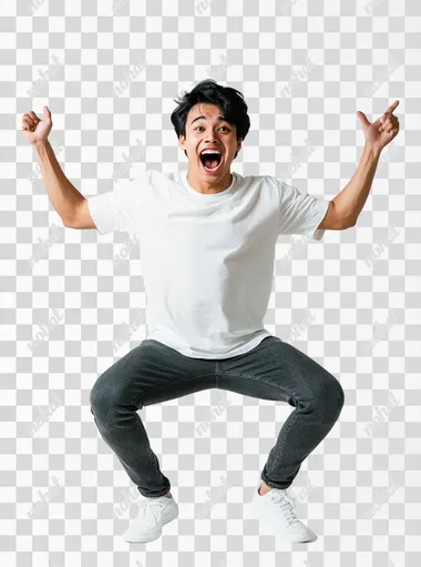 funny-looking excited Filipino Gen Z, he's doing a hooray pose, he's standing with his knees bent and his arms up, white background
