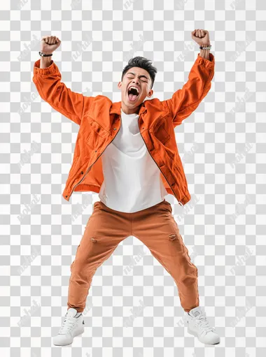 funny-looking excited Filipino Gen Z, he's doing a hooray pose, he's standing with his knees bent and his arms up, white background