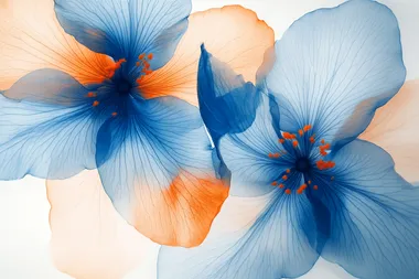 blue flowers with orange veins, background color light gray and white gradient, high-definition photography, super clear details, ultra-high resolution, dreamy light and shadow effect, soft lighting, elegant colors, delicate petal texture, and exquisite flower line art. The petals have beautiful lines and curves that give people an ethereal feeling of romance, in the style of Claude Monet.
