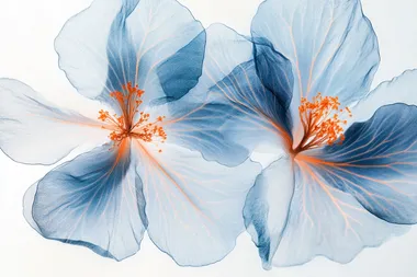 blue flowers with orange veins, background color light gray and white gradient, high-definition photography, super clear details, ultra-high resolution, dreamy light and shadow effect, soft lighting, elegant colors, delicate petal texture, and exquisite flower line art. The petals have beautiful lines and curves that give people an ethereal feeling of romance, in the style of Claude Monet.