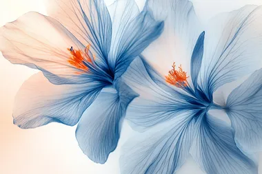 blue flowers with orange veins, background color light gray and white gradient, high-definition photography, super clear details, ultra-high resolution, dreamy light and shadow effect, soft lighting, elegant colors, delicate petal texture, and exquisite flower line art. The petals have beautiful lines and curves that give people an ethereal feeling of romance, in the style of Claude Monet.