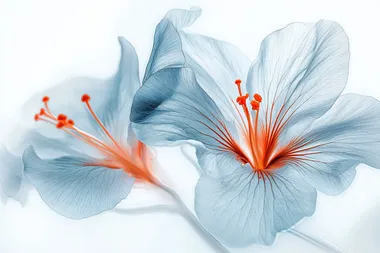 blue flowers with orange veins, background color light gray and white gradient, high-definition photography, super clear details, ultra-high resolution, dreamy light and shadow effect, soft lighting, elegant colors, delicate petal texture, and exquisite flower line art. The petals have beautiful lines and curves that give people an ethereal feeling of romance, in the style of Claude Monet.