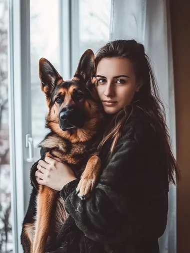 Realistic photo taken by Sony a7iii. young woman, around 30 yers old, holding a cute German Shepard Dog. Woman is standing. Mood happy, brightfull, casual and business. Backround white.