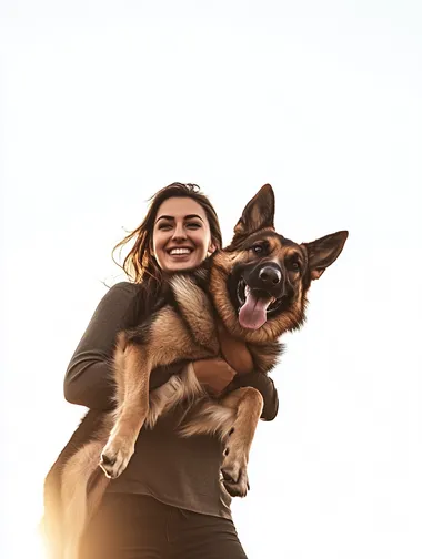 Realistic photo taken by Sony a7iii. young woman, around 30 yers old, holding a cute German Shepard Dog. Woman is standing. Mood happy, brightfull, casual and business. Backround white.