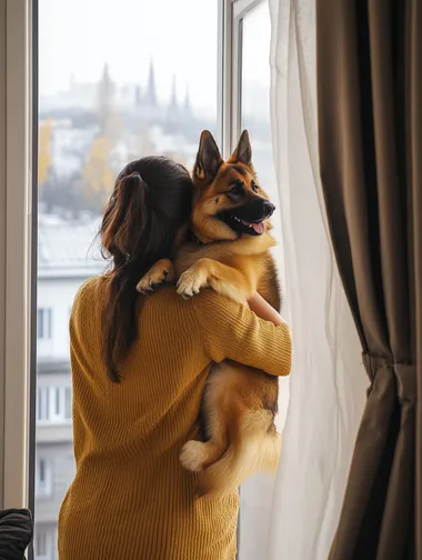 Realistic photo taken by Sony a7iii. young woman, around 30 yers old, holding a cute German Shepard Dog. Woman is standing. Mood happy, brightfull, casual and business. Backround white.