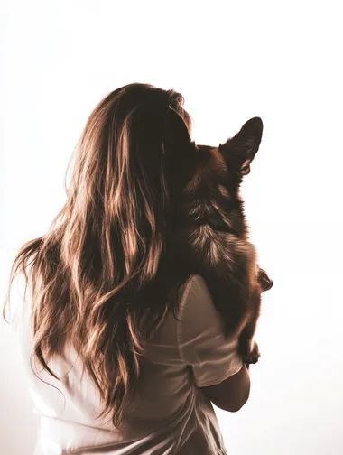 Realistic photo taken by Sony a7iii. young woman, around 30 yers old, holding a cute German Shepard Dog. Woman is standing. Mood happy, brightfull, casual and business. Backround white.