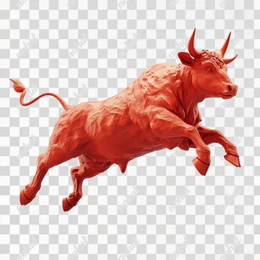 Full body shot of a red 3d rubber bull, stock bull market, jumping up, side view, stock bull market, micro 3d, simple structure, 2.5d, fine details, less structure, blank background, --s 250