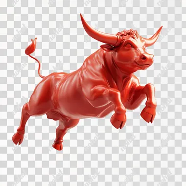 Full body shot of a red 3d rubber bull, stock bull market, jumping up, side view, stock bull market, micro 3d, simple structure, 2.5d, fine details, less structure, blank background, --s 250