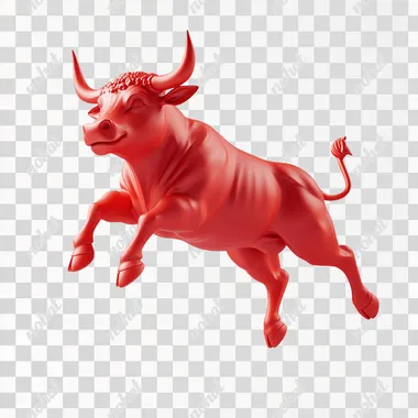 Full body shot of a red 3d rubber bull, stock bull market, jumping up, side view, stock bull market, micro 3d, simple structure, 2.5d, fine details, less structure, blank background, --s 250