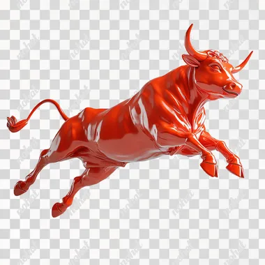 Full body shot of a red 3d rubber bull, stock bull market, jumping up, side view, stock bull market, micro 3d, simple structure, 2.5d, fine details, less structure, blank background, --s 250