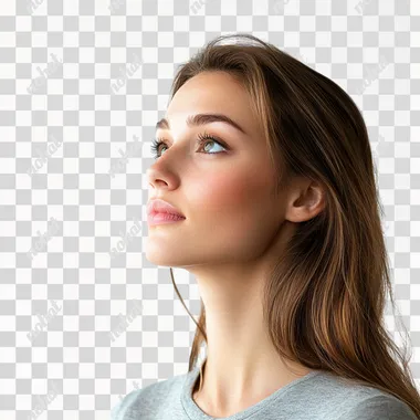 photo of attractive woman looking to the left, isolated on white background