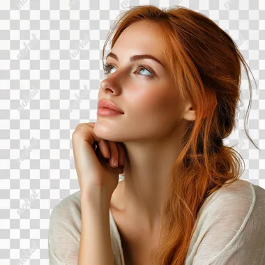 photo of attractive woman looking to the left, isolated on white background
