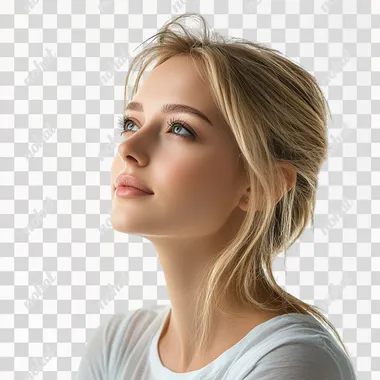 photo of attractive woman looking to the left, isolated on white background
