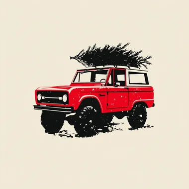 a minimalist detailed drawing of a Red Vintage Ford Bronco carrying a Christmas tree on its roof, white color background --raw rofile q8caldt