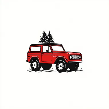 a minimalist detailed drawing of a Red Vintage Ford Bronco carrying a Christmas tree on its roof, white color background --raw rofile q8caldt