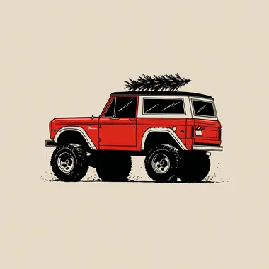 a minimalist detailed drawing of a Red Vintage Ford Bronco carrying a Christmas tree on its roof, white color background --raw rofile q8caldt