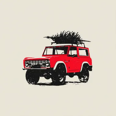 a minimalist detailed drawing of a Red Vintage Ford Bronco carrying a Christmas tree on its roof, white color background --raw rofile q8caldt