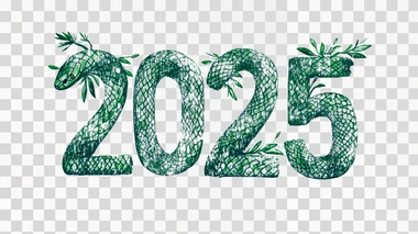 lettering text "2025" with green tree snake print. on white background,