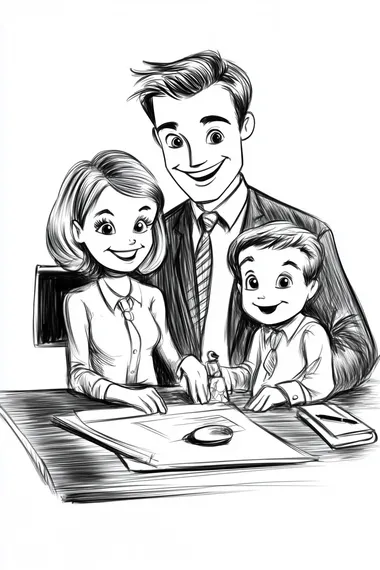 a classic sketched black and white cartoon of In the style of a New York business family sitting behind a desk