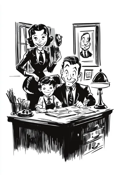 a classic sketched black and white cartoon of In the style of a New York business family sitting behind a desk