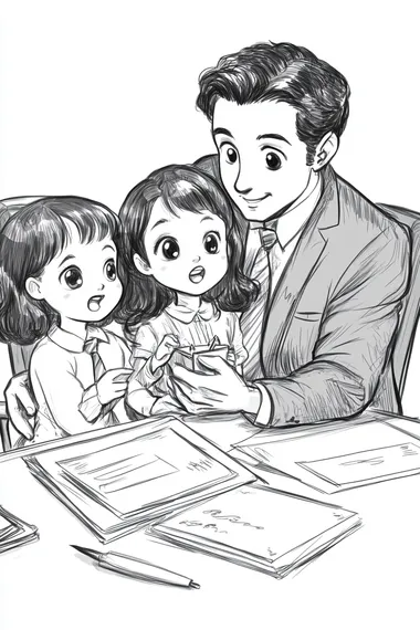 a classic sketched black and white cartoon of In the style of a New York business family sitting behind a desk