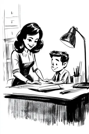 a classic sketched black and white cartoon of In the style of a New York business family sitting behind a desk
