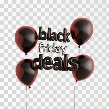 the words "black friday deals" made out of matte black balloons, in front of a light pink backdrop