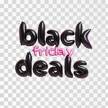 the words "black friday deals" made out of matte black balloons, in front of a light pink backdrop
