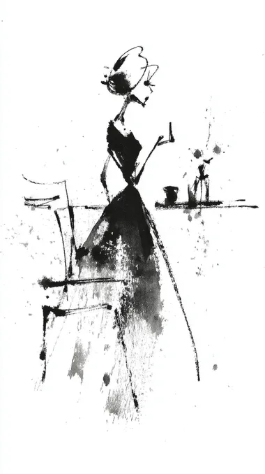 black and white one-line drawing, minimalist depiction of a beautiful woman looking at a mirror, inside the mirror, the reflection is a very sad woman, elegant and expressive, 9:16 aspect ratio   rofile 5zvycoc