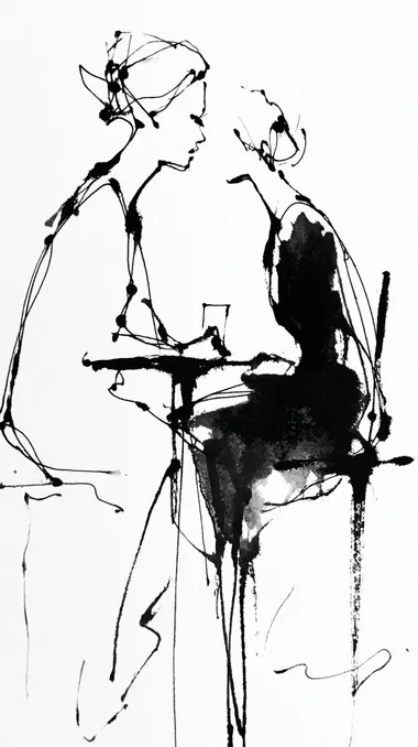 black and white one-line drawing, minimalist depiction of a beautiful woman looking at a mirror, inside the mirror, the reflection is a very sad woman, elegant and expressive, 9:16 aspect ratio   rofile 5zvycoc