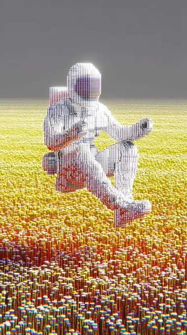 Photograph of an astronaut meditating and levitating in the air in the middle of a field of yellow flowers. The field is filled with yellow flowers. The aperture is set at f/22. The full-body shot shows the figure floating with legs crossed, hands clasped.   417081226 3998011918 602153393  --sv 4 --raw