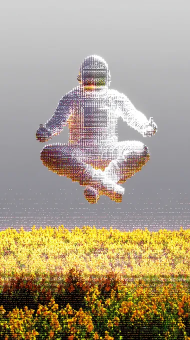 Photograph of an astronaut meditating and levitating in the air in the middle of a field of yellow flowers. The field is filled with yellow flowers. The aperture is set at f/22. The full-body shot shows the figure floating with legs crossed, hands clasped.   417081226 3998011918 602153393  --sv 4 --raw