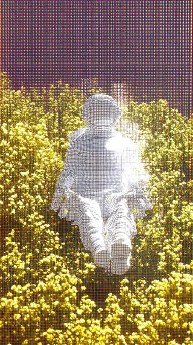 Photograph of an astronaut meditating and levitating in the air in the middle of a field of yellow flowers. The field is filled with yellow flowers. The aperture is set at f/22. The full-body shot shows the figure floating with legs crossed, hands clasped.   417081226 3998011918 602153393  --sv 4 --raw