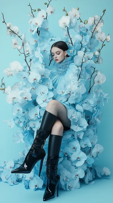 A high-fashion photoshoot of orchid flowers in blue. A model is wearing black stiletto boots and sits on top of the flowers with her legs crossed. The background has a pale blue color, with a surrealistic style and bold colors. The photography is hyper-realistic and cinematic in the style of [Artist name].  rofile dxtw1bl