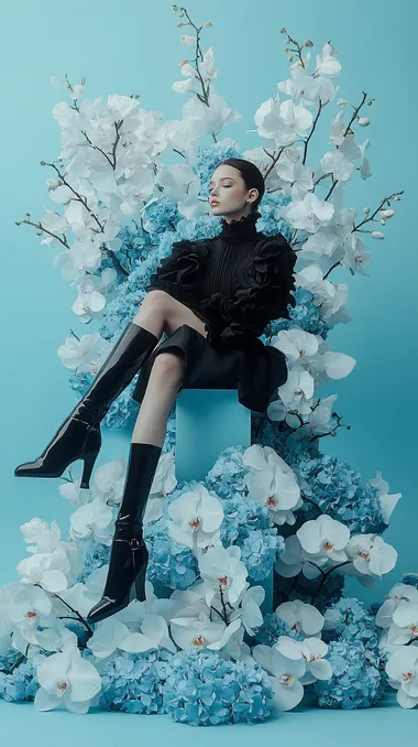 A high-fashion photoshoot of orchid flowers in blue. A model is wearing black stiletto boots and sits on top of the flowers with her legs crossed. The background has a pale blue color, with a surrealistic style and bold colors. The photography is hyper-realistic and cinematic in the style of [Artist name].  rofile dxtw1bl