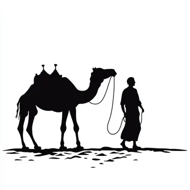 a man walking in front of his camel he is leading his camel, create a logo man leading his camel, silhouette, v4