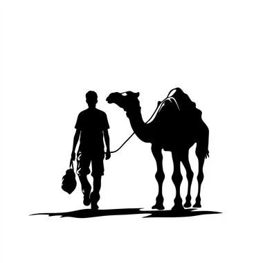 a man walking in front of his camel he is leading his camel, create a logo man leading his camel, silhouette, v4