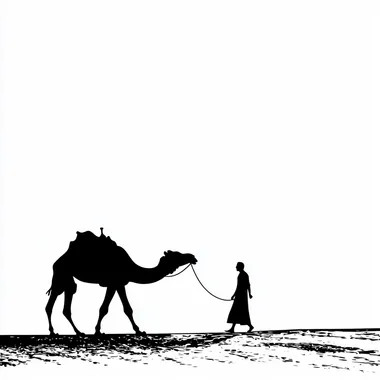 a man walking in front of his camel he is leading his camel, create a logo man leading his camel, silhouette, v4