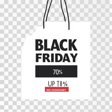 Minimalist Emphasis: "BLACK FRIDAY SALE" in a clean, minimalist font with "UP TO 70% DISCOUNT" in a contrasting color or style below. A simple shopping bag icon is placed adjacent to the text for a modern look. --s 50