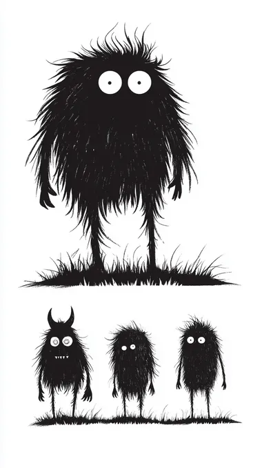 black and white illustrations of three monsters standing in a row and behind in three lines. Interesting looking peculiar monsters. flat black and white illustration. white background. All the monsters illustrations are in bottom half of the image. The top half is empty.