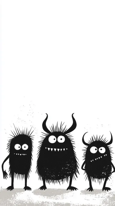 black and white illustrations of three monsters standing in a row and behind in three lines. Interesting looking peculiar monsters. flat black and white illustration. white background. All the monsters illustrations are in bottom half of the image. The top half is empty.