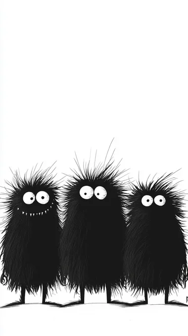 black and white illustrations of three monsters standing in a row and behind in three lines. Interesting looking peculiar monsters. flat black and white illustration. white background. All the monsters illustrations are in bottom half of the image. The top half is empty.