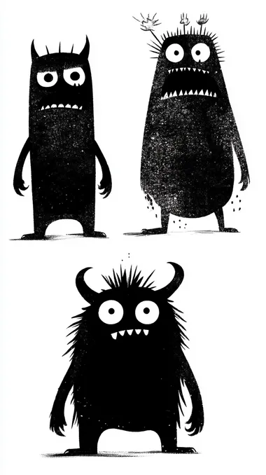 black and white illustrations of three monsters standing in a row and behind in three lines. Interesting looking peculiar monsters. flat black and white illustration. white background. All the monsters illustrations are in bottom half of the image. The top half is empty.