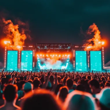 Festival crowd with hands in the air, stunning LED stage visuals, room for advertising content   773tzfv