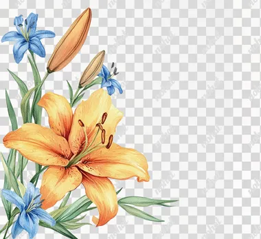 Watercolor, orange and yellow lily flower with blue wildflower clipart on the left side of the page border frame, solid white background, vintage style.
