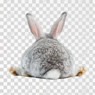 the same grey bunny rabbit lying down facing backwards with his fluffy tail showing isolated on a white background