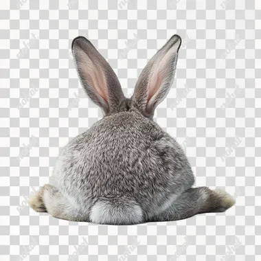 the same grey bunny rabbit lying down facing backwards with his fluffy tail showing isolated on a white background