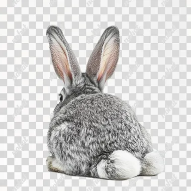 the same grey bunny rabbit lying down facing backwards with his fluffy tail showing isolated on a white background