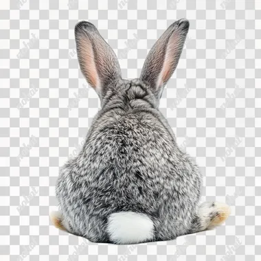 the same grey bunny rabbit lying down facing backwards with his fluffy tail showing isolated on a white background