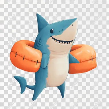 Cartoon shark standing up on two feet wearing two inflatebal swim arm floaties on around two of his arm fins.